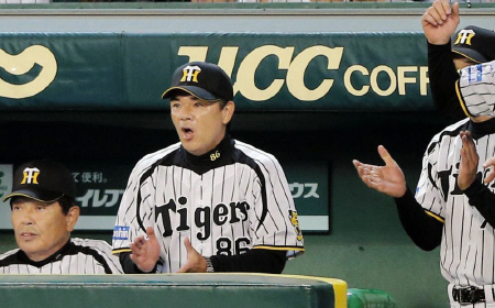 ９回、同点に追いつき手をたたいて喜ぶ阪神・和田豊監督＝甲子園（撮影・田中太一）