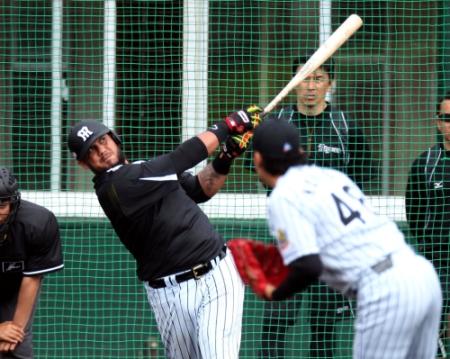 阪神・金田和之（右手前）を相手に打撃練習する阪神　マウロ・ゴメス＝宜野座（撮影・田中太一）