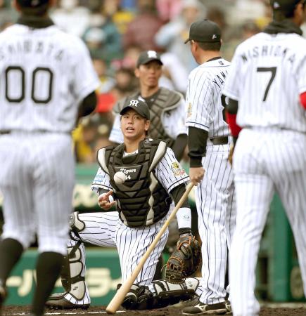 　シートノックで声を出す梅野（撮影・田中太一）