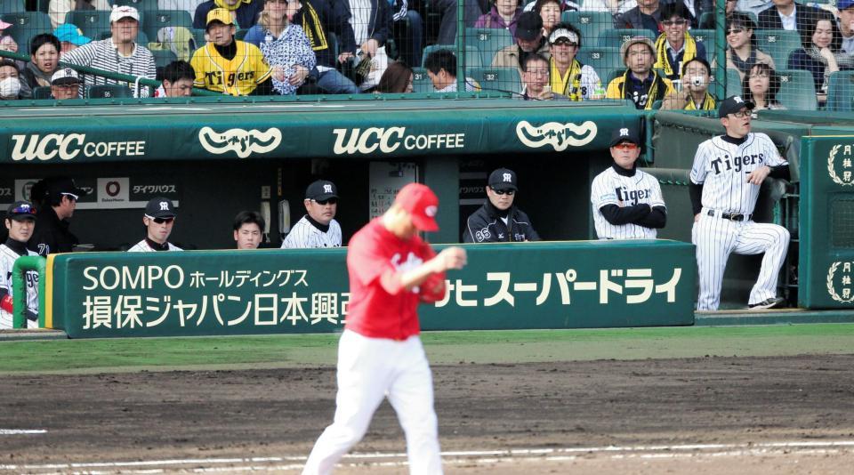 　黒田（手前）を打ち崩せずベンチで厳しい表情の和田監督（右から３人目）ら（撮影・棚橋慶太）