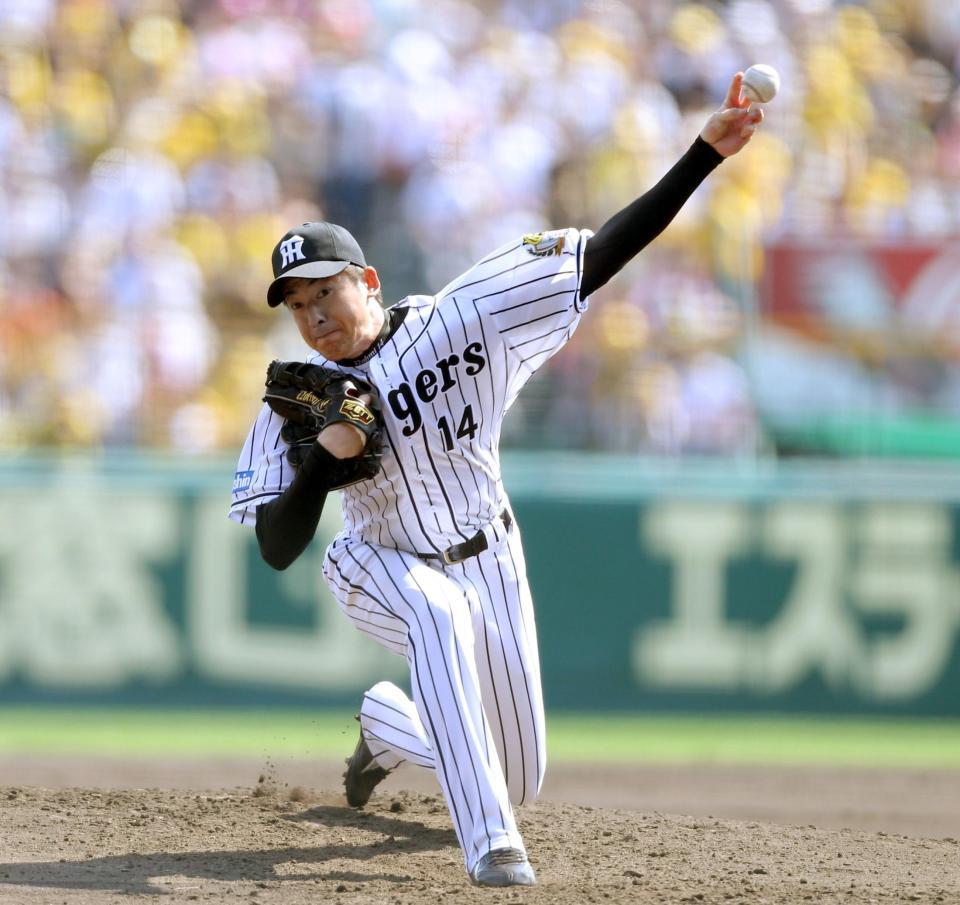 巨人打線を相手に力投する阪神・能見篤史＝甲子園（撮影・田中太一）