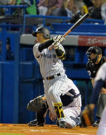 ８回阪神１死満塁、代打関本が適時打を放つ＝神宮球場（撮影・堀内翔）