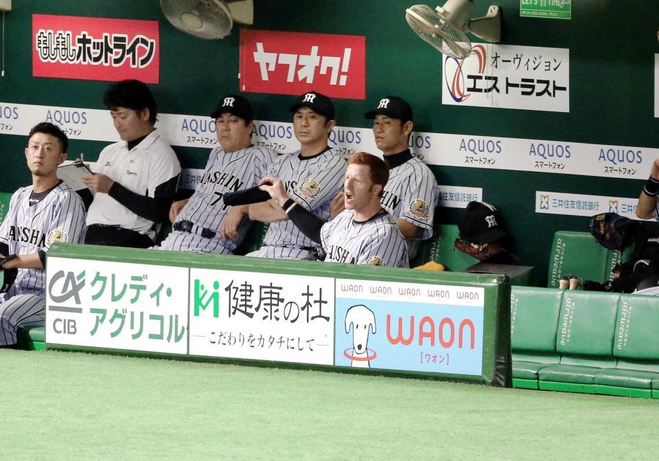 　８回、代走を送られベンチに下がったマートンは声を上げサポーターを投げつける（撮影・飯室逸平）