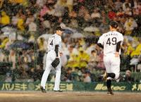 １回途中に雨が強まりベンチへ下がる阪神・能見篤史と阪神・今成亮太＝甲子園（撮影・棚橋慶太）