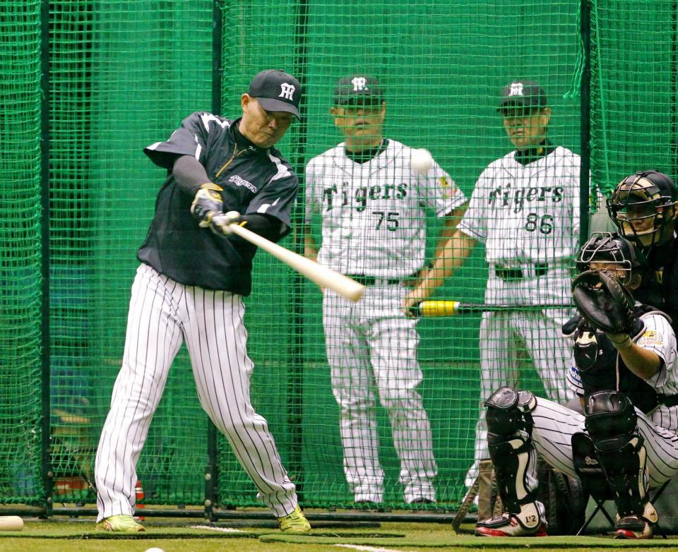 和田監督（右奥）が見守る前でフリー打撃に臨む福留