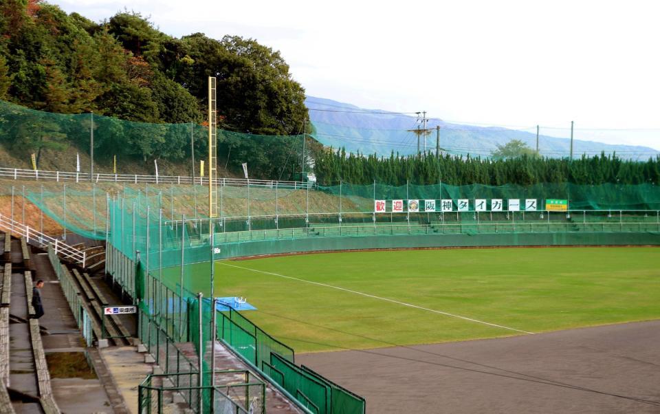 球場レフト側後方に張られている防護ネット（撮影・田中太一）