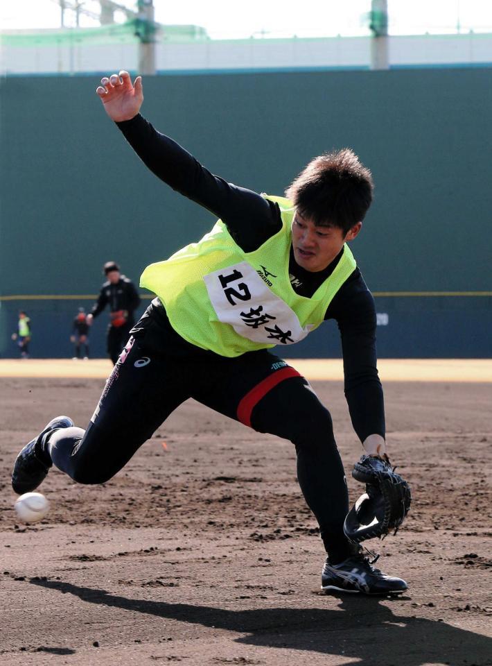 ノックのボールを懸命に追いかける坂本