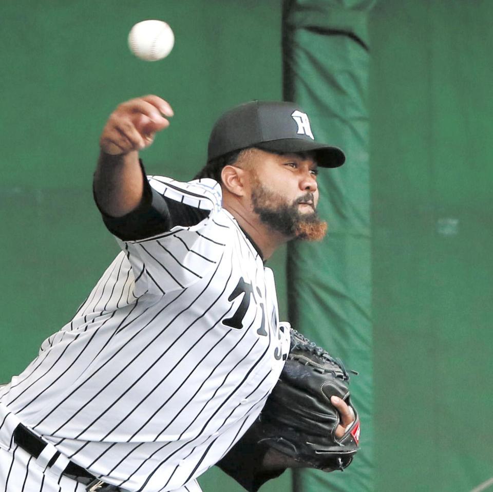 ブルペンで力投するマテオ（撮影・高部洋祐）