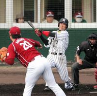 ３回阪神、１死二塁、楽天・安楽智大から２ランを放つ阪神・西岡剛＝宜野座（撮影・飯室逸平）