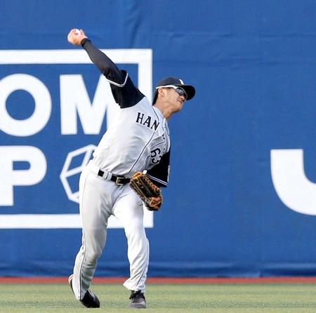 　８回、下園の打球を処理し本塁へ好送球する板山