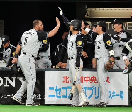 ５回、適時打を放ち、ナインに祝福される阪神　マウロ・ゴメス（左）＝札幌ドーム（撮影・西岡正）