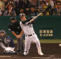 ７回阪神、２死一、三塁、適時内野安打を放つ阪神・狩野恵輔＝甲子園（撮影・飯室逸平）