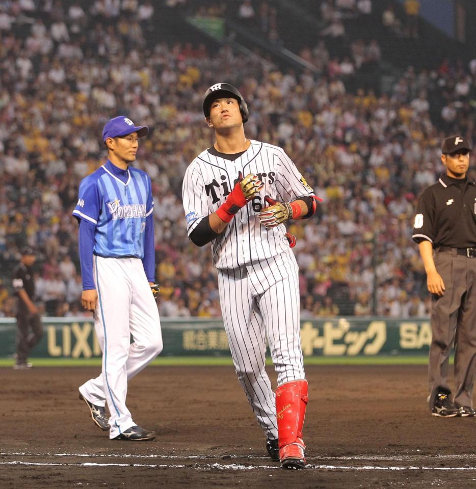 ６回阪神、凡退し悔しそうにベンチへ戻る阪神・中谷将大＝甲子園（撮影・飯室逸平）