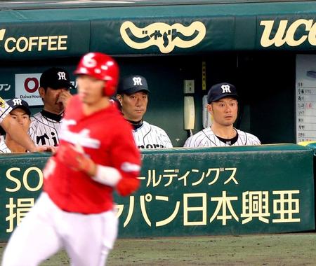 ７回、鈴木（手前）の左越え２ランを見る金本監督＝甲子園