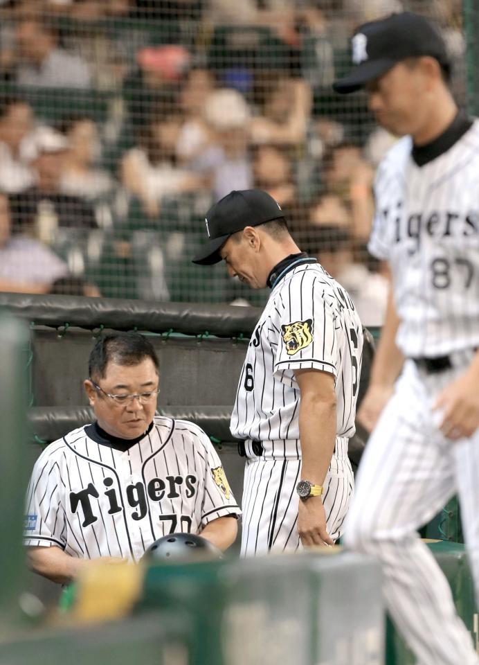 　投手交代を告げ足取り重くベンチに戻る金本監督（中央）
