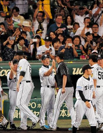 ＤｅＮＡに勝利し、タッチを交わす阪神・金本知憲監督（中央左）と阪神・秋山拓巳（同右）＝甲子園（撮影・高部洋祐）