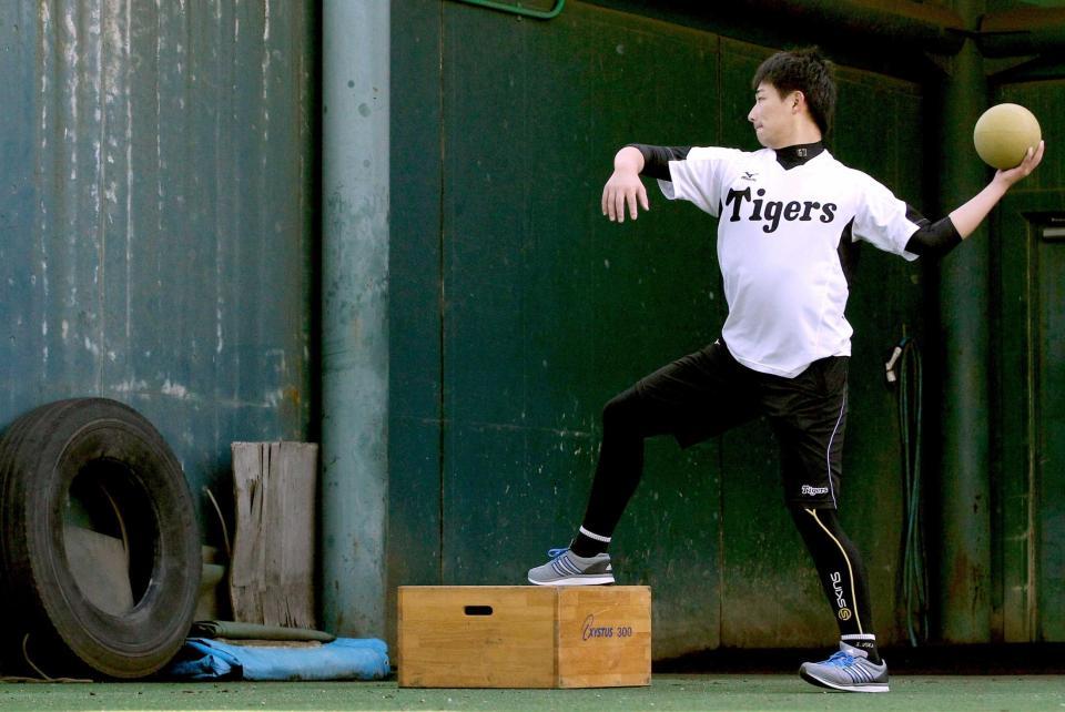 　ブルペンで黙々とトレーニングする岩崎（撮影・飯室逸平）