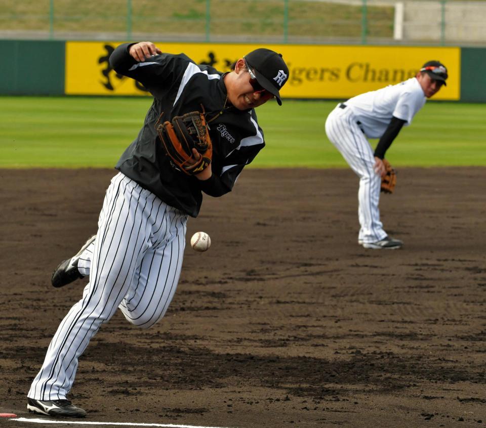 慣れない内野での特守に苦戦する阪神・高山俊（左・右は阪神・北條史也）＝宜野座（撮影・出月俊成）