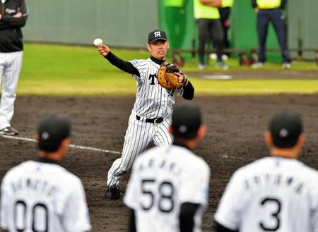 シートノックで野手の最後まで残り、本塁への送球練習をする原口＝宜野座