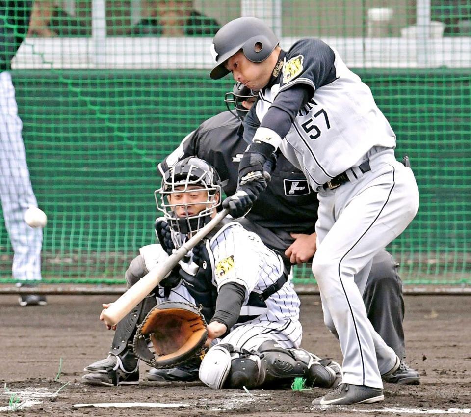 　２回、タイムリーを放つ岡崎（撮影・棚橋慶太）