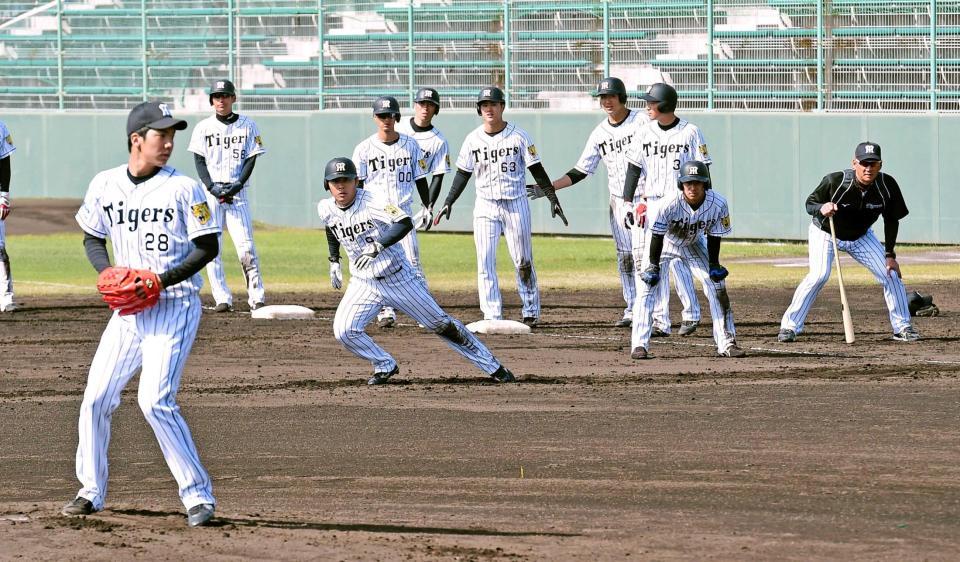 　小野（手前）の投球動作を見抜き、スタートを切る高山（右端は金本監督）＝撮影・棚橋慶太