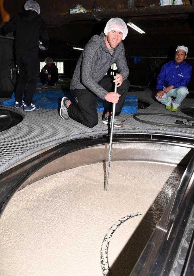 比嘉酒造の工場を見学し、泡盛造りを体験する阪神　エリック・キャンベル＝沖縄読谷村・比嘉酒造の工場（撮影・飯室逸平）