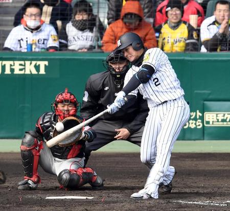 ５回阪神、１死満塁、先制犠飛を放つ阪神・北條＝甲子園（撮影・飯室逸平）