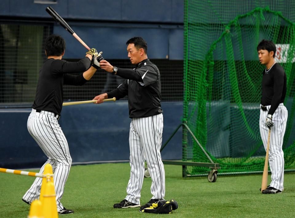 全体練習前に、阪神・中谷将大（左）、阪神・高山俊（右）らを打撃指導する阪神・金本知憲監督＝京セラドーム（撮影・高部洋祐）