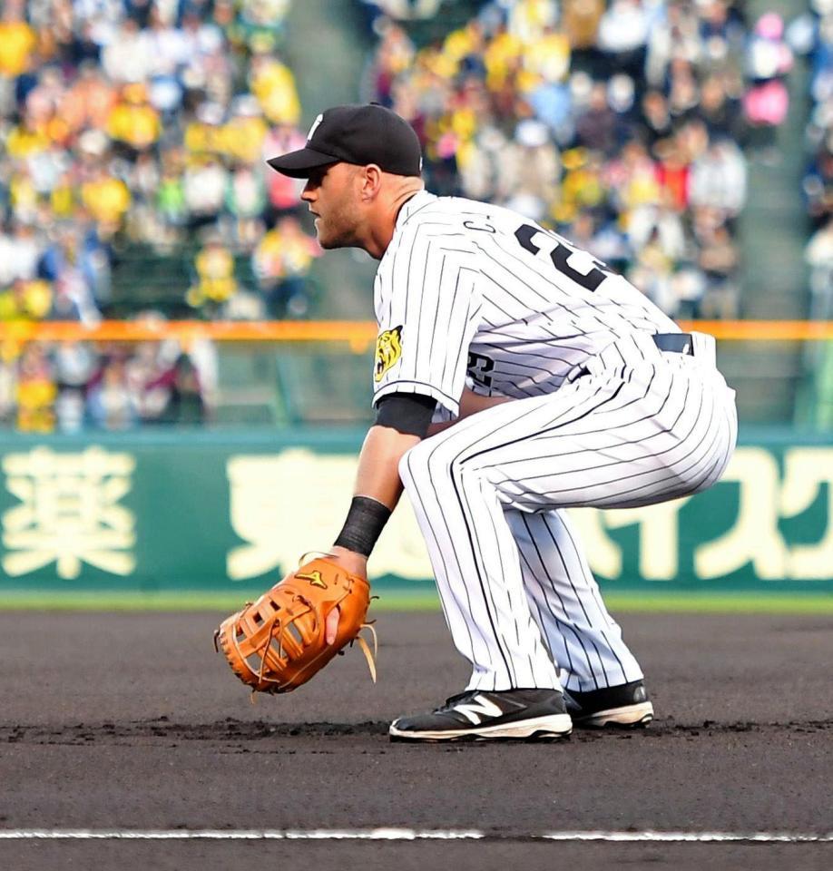 一塁の守備に就く阪神　エリック・キャンベル＝甲子園（撮影・北村雅宏）