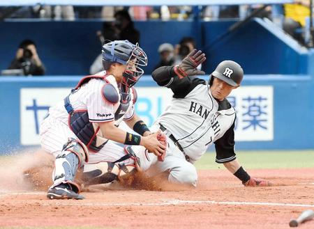 ８回、鳥谷の野選で生還する糸井（捕手・中村）＝撮影・園田高夫　