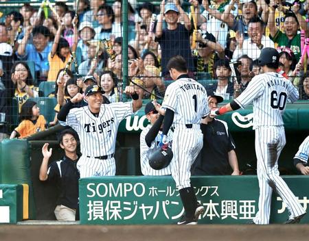 　７回、梅野の逆転打で生還した鳥谷（１）と中谷（６０）を笑顔で迎える糸井（撮影・北村雅宏）