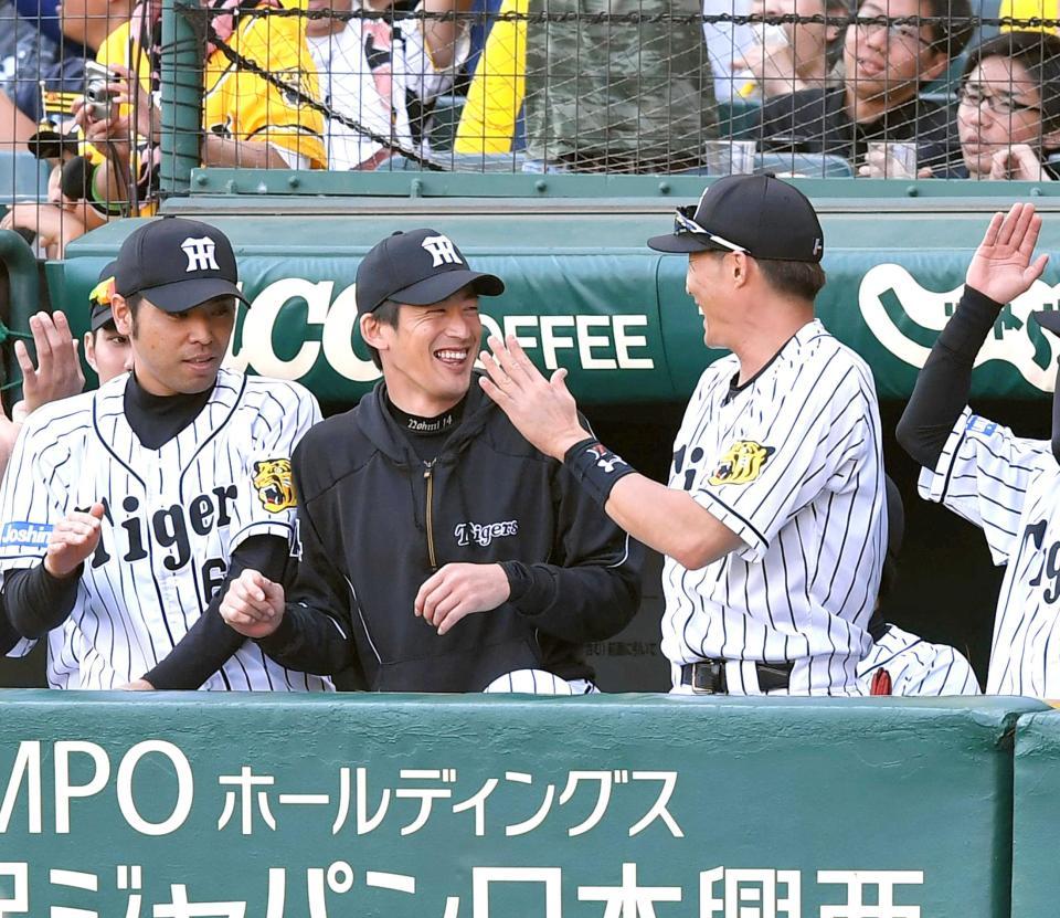 　勝利の瞬間、ベンチで笑顔がはじける能見（中央）＝撮影・飯室逸平