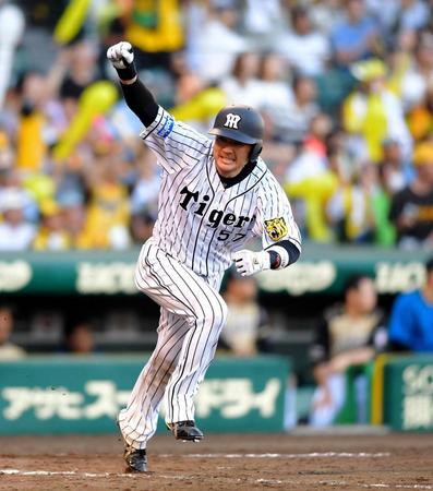 延長１１回、殊勲打を放ち、ベンチに向かってガッツポーズする阪神・岡崎太一