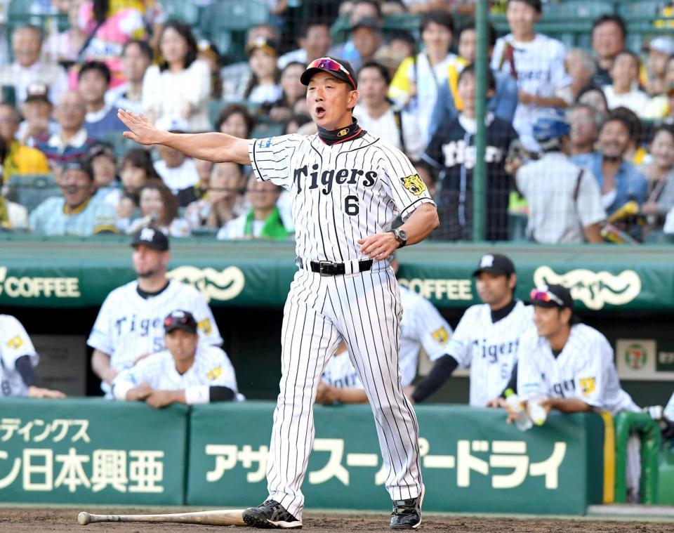 　延長１１回、大和の三塁封殺の判定にベンチを飛び出し抗議する金本監督