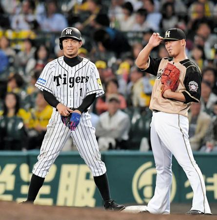 塁上で日本ハム・中田翔（右）と談笑する阪神・鳥谷敬＝甲子園（６月２日）