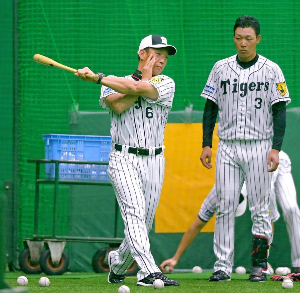 大山（右）に打撃指導する金本監督（撮影・高部洋祐）
