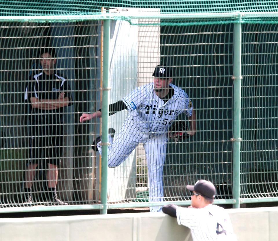 ブルペンで投球練習するメッセンジャー＝鳴尾浜