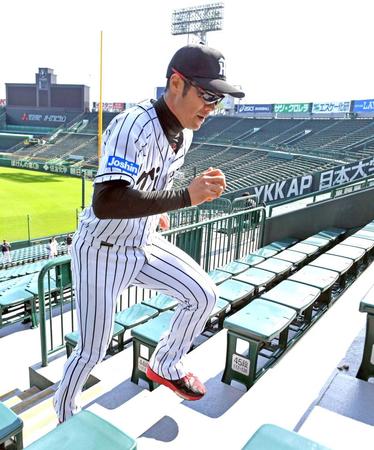 　アルプススタンドの階段を駆け上がる西岡（撮影・飯室逸平）