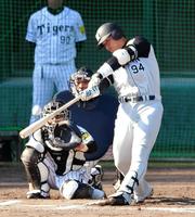 紅白戦の４回、ソロを放つ阪神・原口文仁＝安芸市営球場（撮影・北村雅宏）