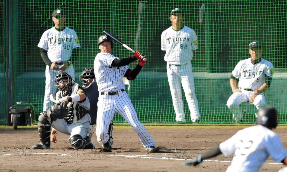 　３回、先制適時打を放つ大山（右端は金本監督）＝撮影・北村雅宏