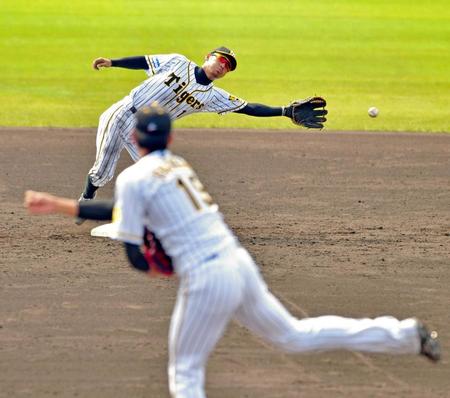 　藤浪（手前）からの二塁へのけん制が悪送球になりキャッチできない鳥谷＝宜野座