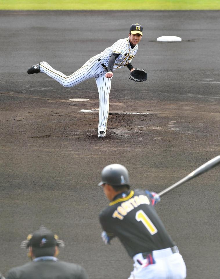 阪神・鳥谷敬から空振り三振を奪う阪神・小野泰己＝宜野座（撮影・北村雅宏）