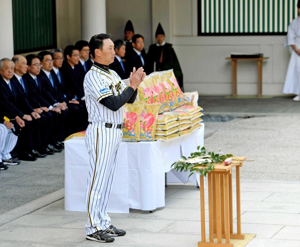 　玉串を奉納し、かしわ手を打つ金本監督