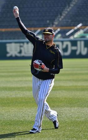 キャッチボールをするメッセンジャー＝甲子園（撮影・持木克友）