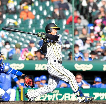 ８回、右前打を放つ高山＝甲子園（撮影・北村雅宏）