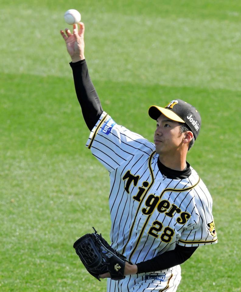試合前、軽めのキャッチボールで調整する阪神・小野泰己＝甲子園（撮影・高部洋祐）