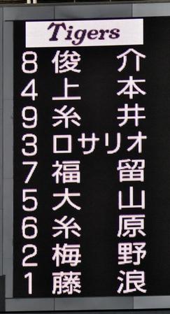 発表された阪神のスタメン＝東京ドーム（撮影・西岡正）