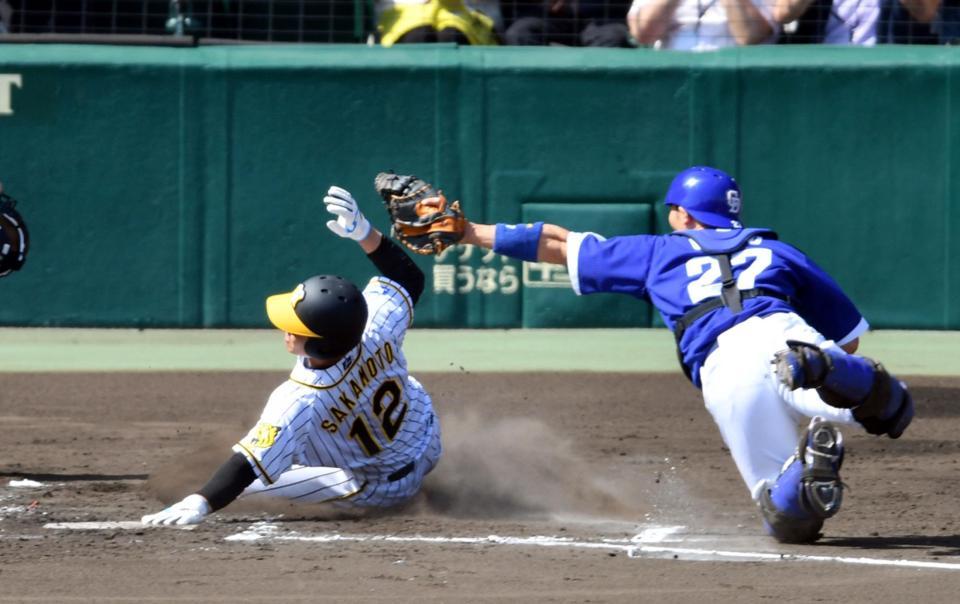 ２回阪神２死二塁、阪神・坂本誠志郎は阪神・大山悠輔の左前打で本塁を狙いセーフの判定になるも、リクエストでアウトになる（捕手　中日・大野奨太）＝甲子園（撮影・山口登）