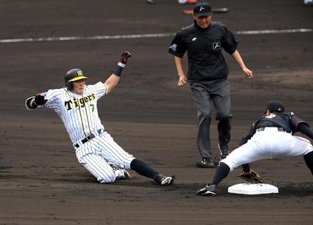 １阪神１死二・三塁、先制適時打を放った阪神・糸井嘉男は二塁を狙うもアウトになる（野手ロッテ・中村奨吾＝甲子園（撮影・山口登）