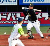 １回阪神無死一、三塁、中前に先制打を放つ阪神・福留＝神宮（撮影・出月俊成）